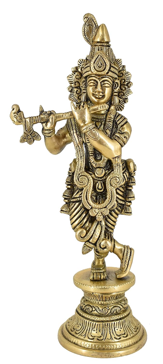White Whale Lord Krishna Idol Statue Krishna Idols Gold Plated Flute Playing Krishan Decorative Showpiece Figurine for Pooja Room & Gift