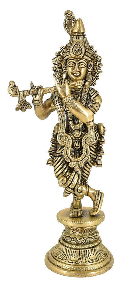 White Whale Lord Krishna Idol Statue Krishna Idols Gold Plated Flute Playing Krishan Decorative Showpiece Figurine for Pooja Room & Gift