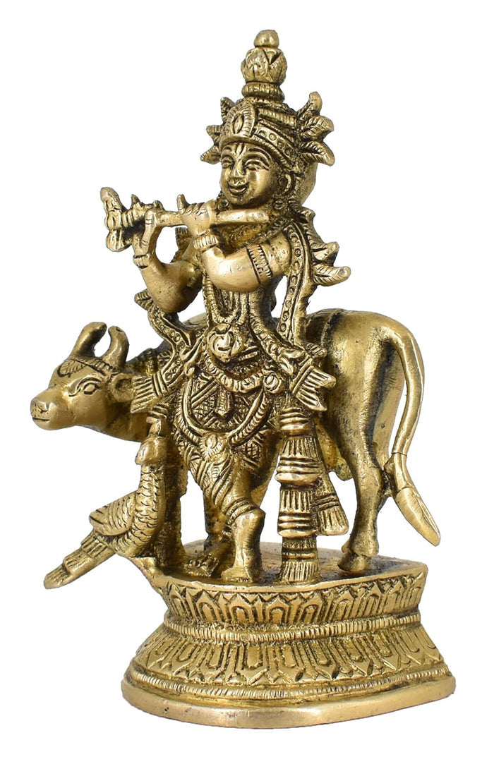 White Whale Lord Krishna Idol Statue Krishna Idols Gold Plated Flute Playing Krishan Decorative Showpiece Figurine for Pooja Room & Gift