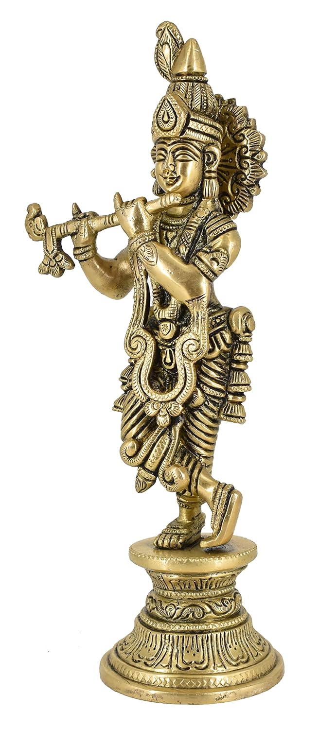 White Whale Lord Krishna Idol Statue Krishna Idols Gold Plated Flute Playing Krishan Decorative Showpiece Figurine for Pooja Room & Gift