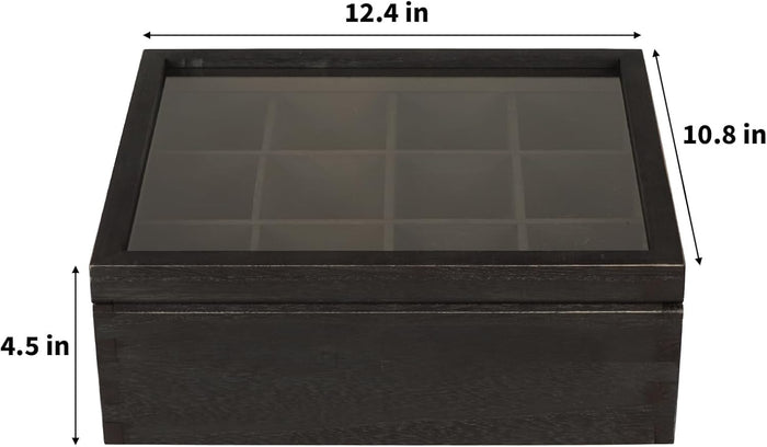 White Whale Tea Storage Chest Adjustable 12 Compartment Tea Bags Organizer Container Tea Box with Glass Window