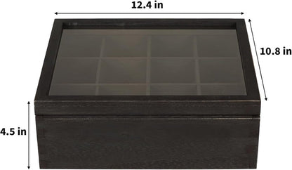 White Whale Tea Storage Chest Adjustable 12 Compartment Tea Bags Organizer Container Tea Box with Glass Window