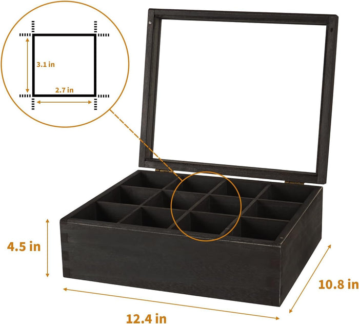 White Whale Tea Storage Chest Adjustable 12 Compartment Tea Bags Organizer Container Tea Box with Glass Window