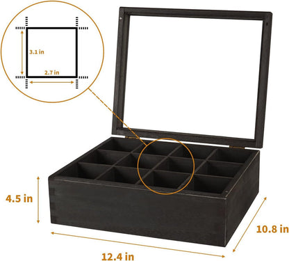 White Whale Tea Storage Chest Adjustable 12 Compartment Tea Bags Organizer Container Tea Box with Glass Window