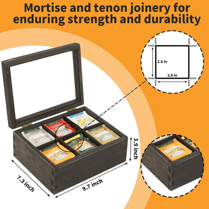 White Whale Tea Storage Chest Adjustable 6 Compartment Tea Bags Organizer Container Tea Box with Glass Window