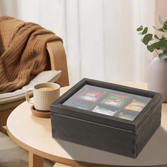 White Whale Tea Storage Chest Adjustable 6 Compartment Tea Bags Organizer Container Tea Box with Glass Window