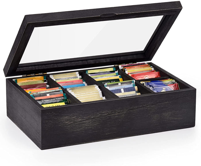 White Whale Tea Storage Chest Adjustable 8 Compartment Tea Bags Organizer Container Tea Box with Glass Window