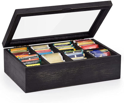 White Whale Tea Storage Chest Adjustable 8 Compartment Tea Bags Organizer Container Tea Box with Glass Window