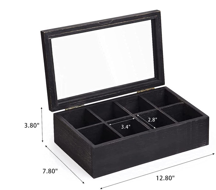 White Whale Tea Storage Chest Adjustable 8 Compartment Tea Bags Organizer Container Tea Box with Glass Window