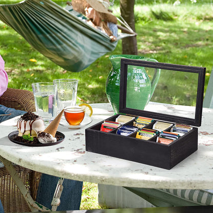 White Whale Tea Storage Chest Adjustable 8 Compartment Tea Bags Organizer Container Tea Box with Glass Window