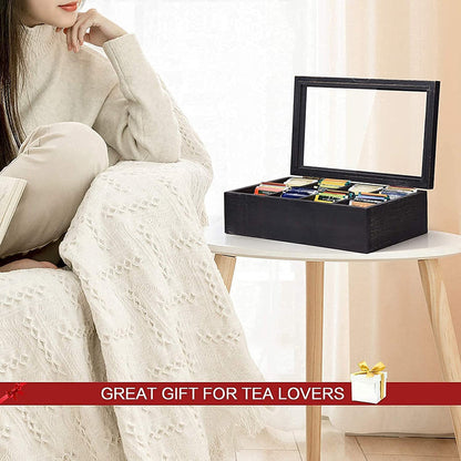 White Whale Tea Storage Chest Adjustable 8 Compartment Tea Bags Organizer Container Tea Box with Glass Window
