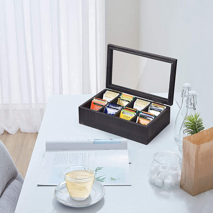 White Whale Tea Storage Chest Adjustable 8 Compartment Tea Bags Organizer Container Tea Box with Glass Window