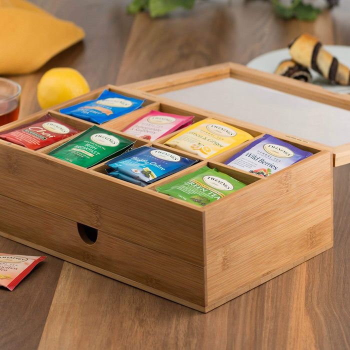 White Whale Wooden Tea Box Storage Organizer Taller Size Holds 120+ Standing or Flat Tea Bags