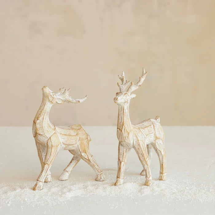 Whitewashed Carved Wood Finish Resin Deer