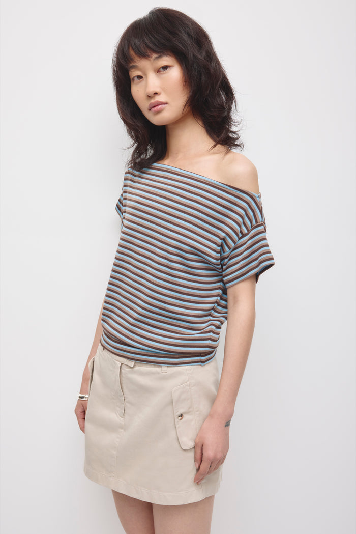Women's Boatneck Banded Tee in Espresso/Taupe/Azure