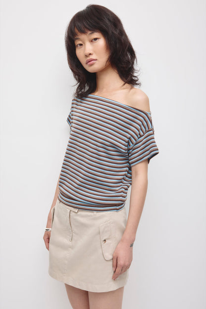 Women's Boatneck Banded Tee in Espresso/Taupe/Azure