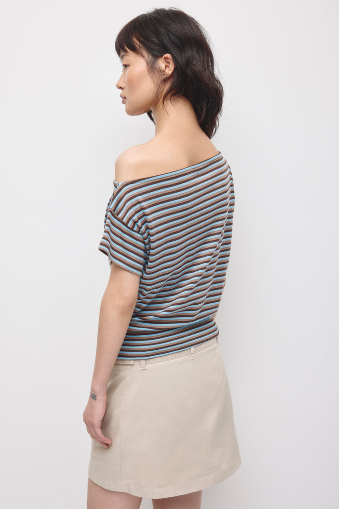 Women's Boatneck Banded Tee in Espresso/Taupe/Azure