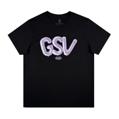 The Women's Golden State Valkyries Balloons Tee by GSV is a black classic fit women's t-shirt with large shiny purple "GSV" balloon letters and small white "WILD WARRIORS" text below, shown flat on a white background.