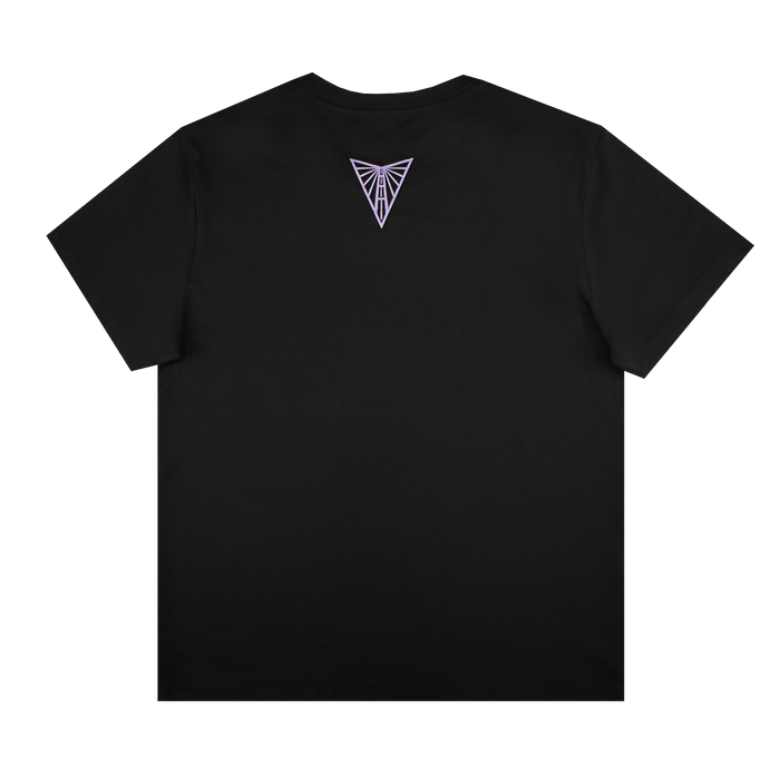 The Women's Golden State Valkyries Balloons Tee by GSV is shown in classic black, women's sizing, with the back up. A small light purple geometric Valkyries "V" logo appears below the neckline.