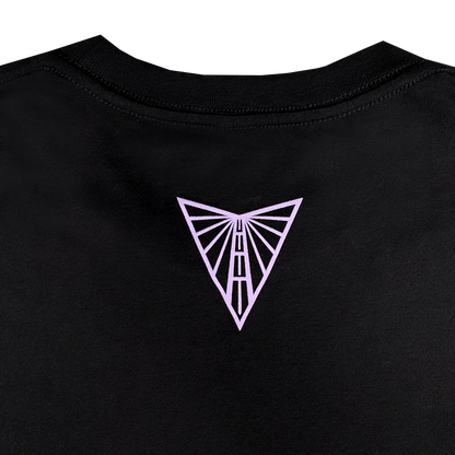 A close-up of the upper back of the GSV Women's Golden State Valkyries Balloons Tee shows a light purple geometric beacon-like design, shaped like an inverted triangle with radiating lines and central shapes.