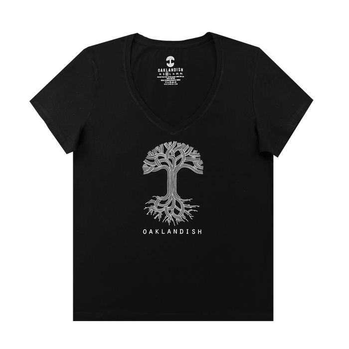 The Women's Oaklandish Logo V-Neck by Oaklandish is a black 100% cotton tee with a white stylized tree and "OAKLANDISH" in uppercase below, centered on the chest. The shirt is displayed flat on a white background.