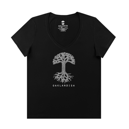 The Women's Oaklandish Logo V-Neck by Oaklandish is a black 100% cotton tee with a white stylized tree and "OAKLANDISH" in uppercase below, centered on the chest. The shirt is displayed flat on a white background.