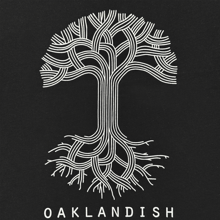 The Women’s Oaklandish Logo V-Neck by Oaklandish features a stylized white tree with interwoven branches and roots, “OAKLANDISH” in all-caps below, and is crafted from 100% cotton.