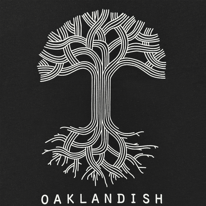 The Women’s Oaklandish Logo V-Neck by Oaklandish features a stylized white tree with interwoven branches and roots, “OAKLANDISH” in all-caps below, and is crafted from 100% cotton.