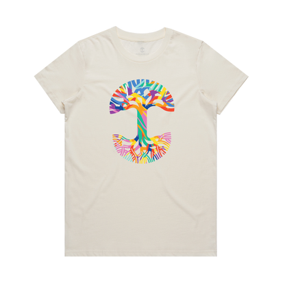 The Women's Urban Tropics Tee by Oaklandish is a cream-colored shirt with a bold abstract "T" on the chest, showcasing Kalani Ware’s vibrant multicultural design in blue, orange, yellow, green, pink, and purple hues.