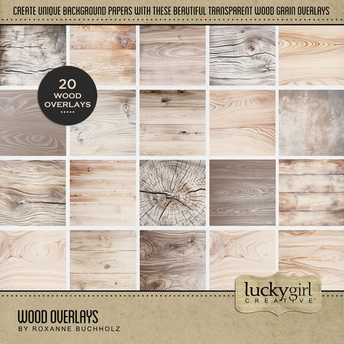 Add beautiful transparent overlays by Lucky Girl Creative Digital Art to all your digital scrapbooking papers and pages! In hues of brown, tan, and beige, the wood grain textures add so much warmth and depth to all your memory keeping projects. Try layering over different colored digital papers to create a one-of-a-kind look! Great for fall, autumn, outdoors, nature, and around the lake, too! This kit is included in the Wood Papers & Overlays Kit.