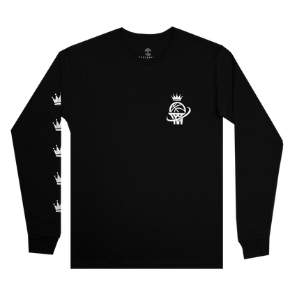 The Oaklandish WPBA Core LS Tee is a black long-sleeve shirt adorned with a small white logo on the left chest—a basketball crowned and winged, symbolizing women's sports empowerment. The left sleeve features the same emblem in smaller, vertically aligned versions.