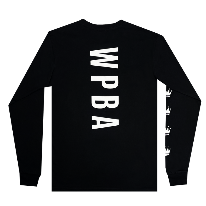 The WPBA Core LS Tee by Oaklandish is showcased in black. The back of this long-sleeve shirt features large white, vertically-aligned letters "WPBA," representing the Women's Premier Basketball Association. On the right sleeve, three white crowns are aligned horizontally near the cuff. The shirt has a simple and minimalist design that exudes empowerment in women's sports.
