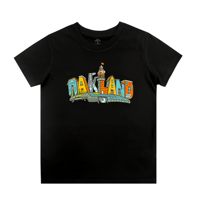 The Oaklandish Youth Blockletters Tee is a black shirt with a vibrant "OAKLAND" graphic, each letter featuring blue, yellow, orange, and white city landmarks—ideal for young fans of the iconic Oakland skyline.