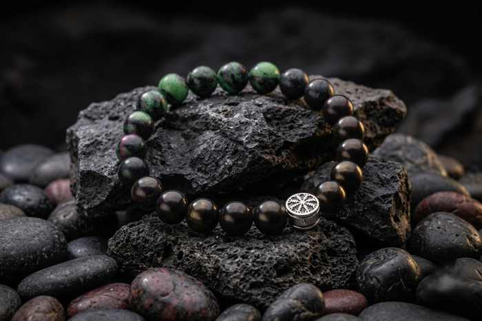 vkngjewelry Bracelet Zoisite and Shungite Viking Bracelet with Double-Sided Helm of Awe