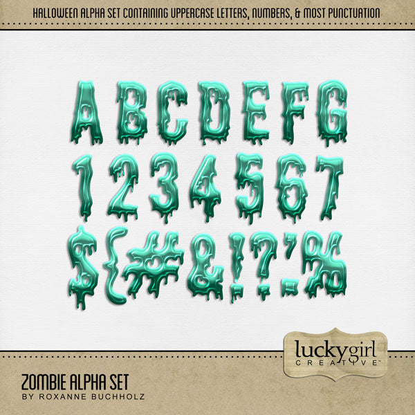 Capture the Halloween fun with these digital scrapbooking alphabet letters, numbers, and punctuation by Lucky Girl Creative digital art. Create unique Halloween page titles, greeting cards, and decor by pairing with the other embellishments from the Halloween Watercolor collection. The Zombie Alpha Set consists of a full set of digital art uppercase letters A-Z, numbers 0-9, and most punctuation. This alpha set is available as individual embellishments only. This kit is included in the Halloween Watercolor